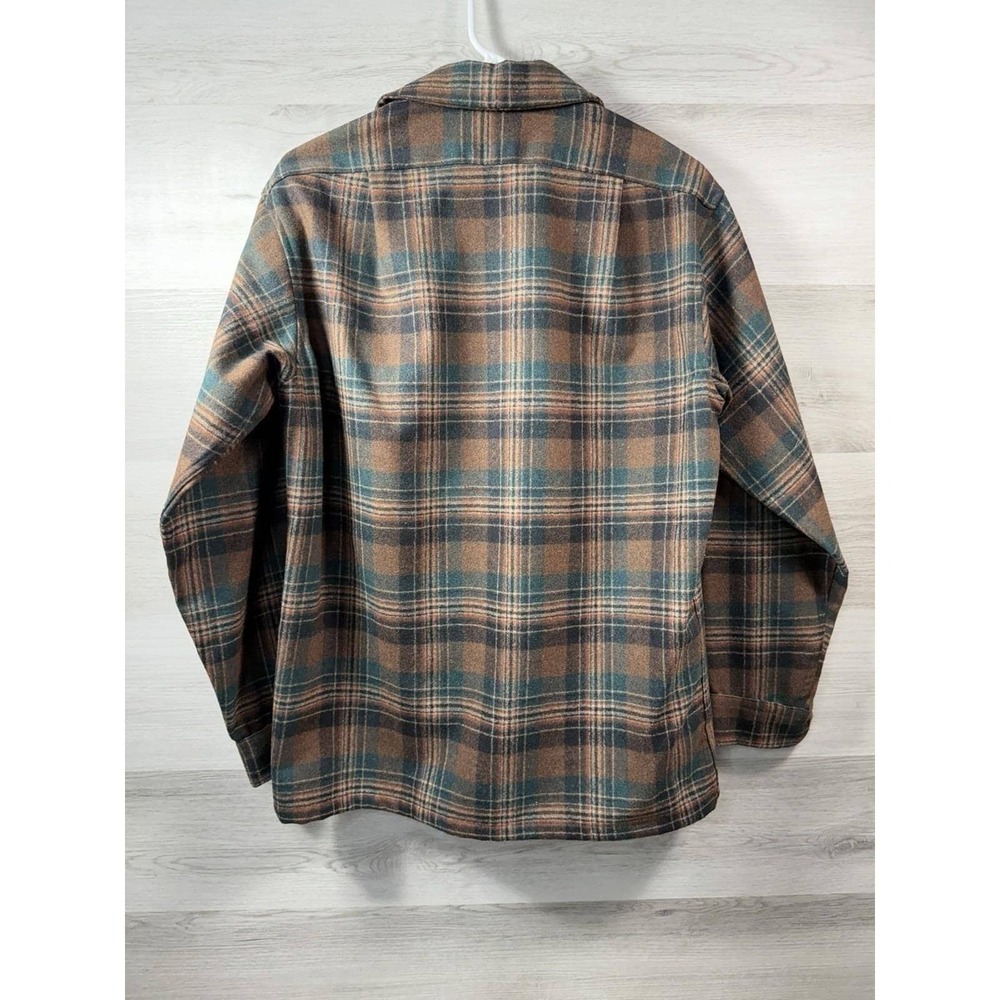 Vintage Pendleton Shirt Medium Brown Teal Plaid Flannel Button Flap Pocket Wool - Picture 2 of 3